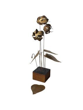 MCM Brutalist Metal Flower Floral Sculpture on Wood Base 13” Tall Rose Trellis